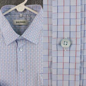 Balmain Blue Red Check Cotton 6 Point Pocket Shirt Men Long Sleeve Button Up